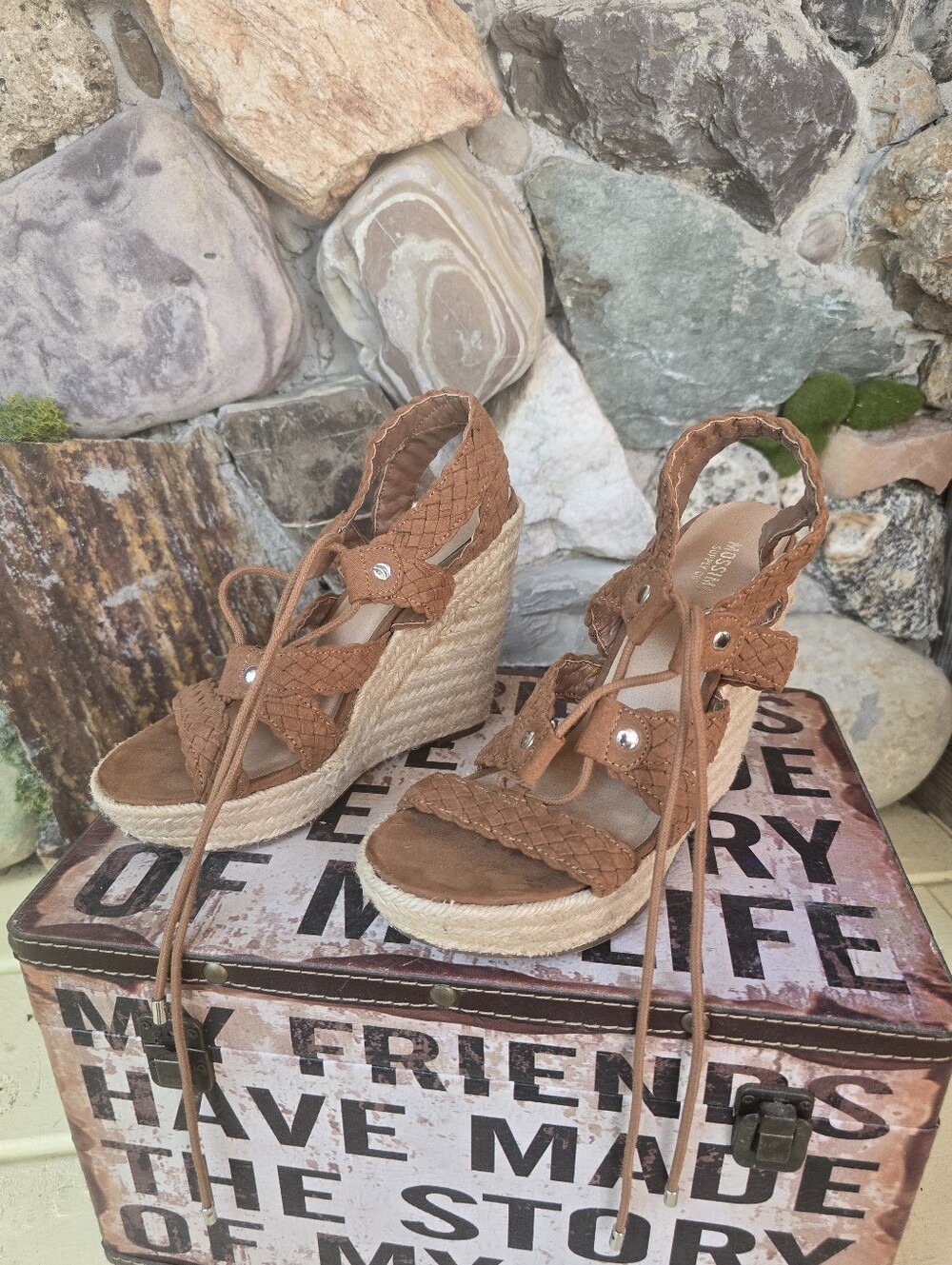 Tan Braided Leather Lace-Up Espadrille Wedges - Picture 3 of 5